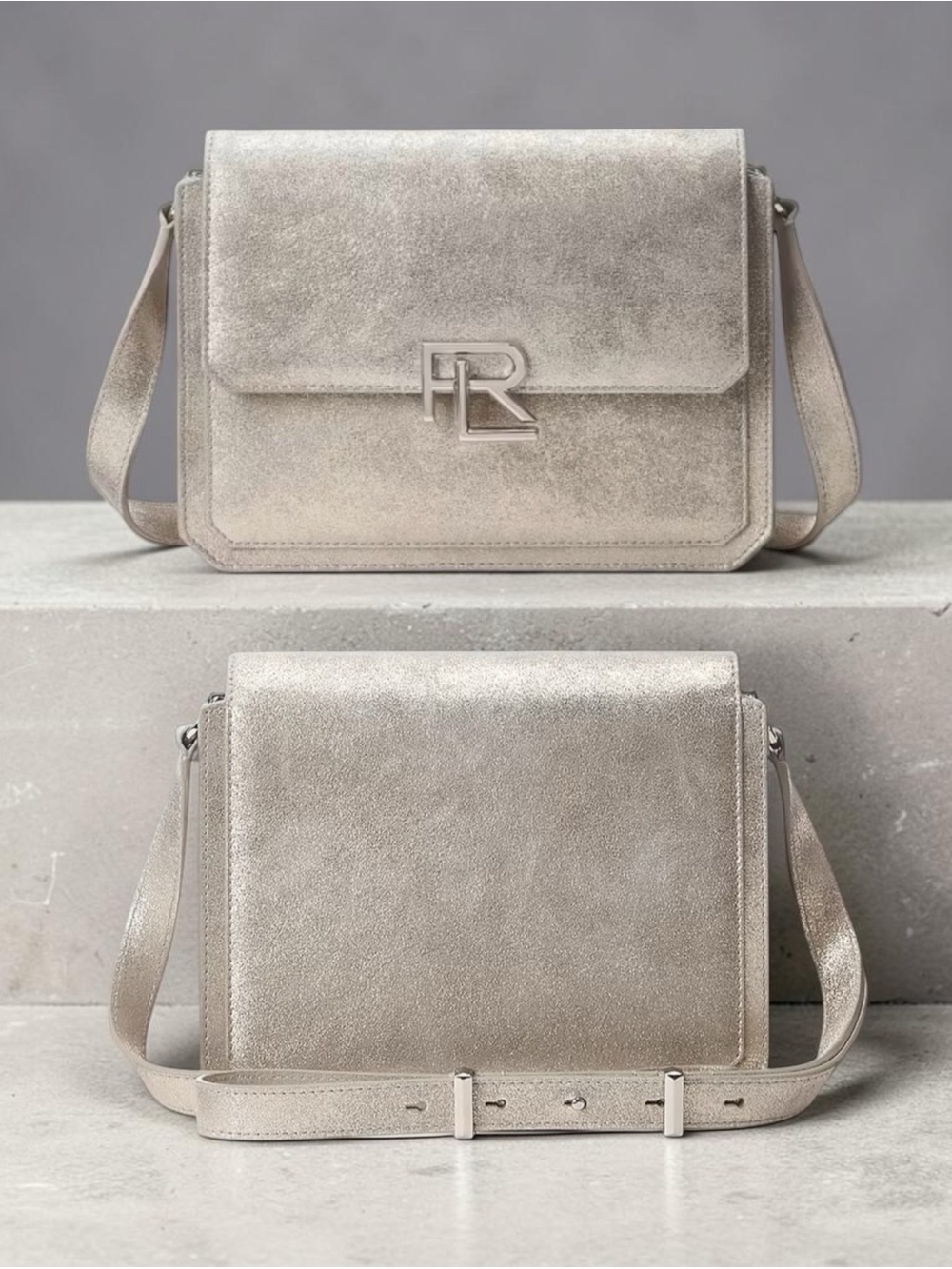 Ralph Lauren Collection RL 888 Metallic Silver Leather Crossbody Made in Italy